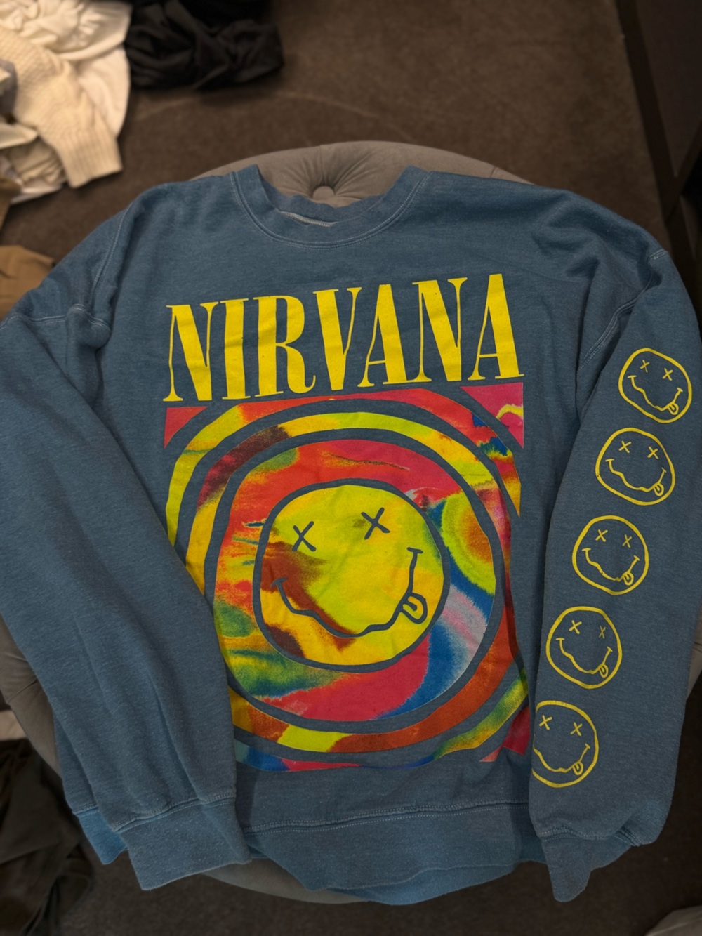 NIRVANA Blue Sweatshirt with Yellow & Multicolor Graphic
